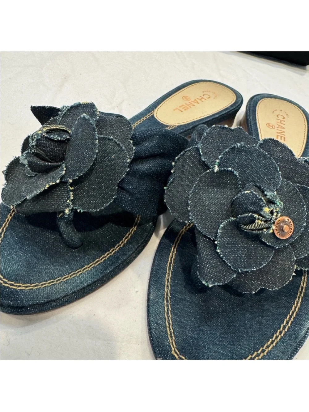 Authentic  CHANEL Dark Blue Denim Slide Sandals with Flower Design